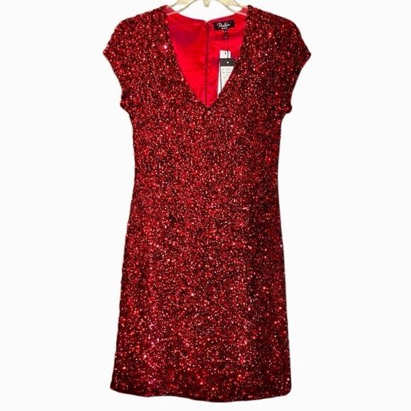 Parker Black Serena Sequined Silk Dress in Burgundy Women’s 4 - Picture 2 of 8